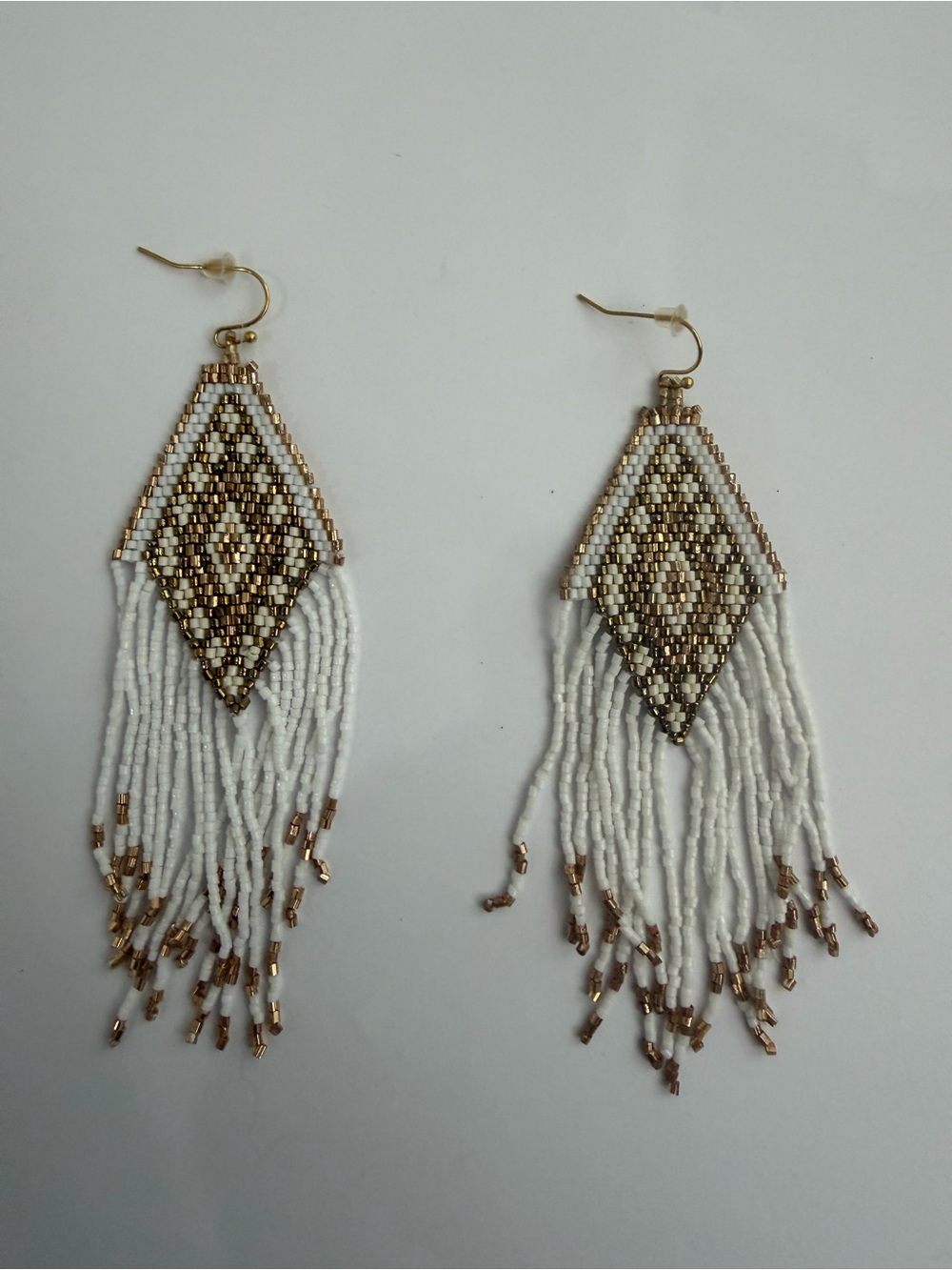 White and Gold Beaded Fringe Earrings - Statement Drop